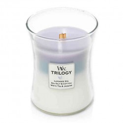 Woodwick moyenne jarre Trilogy lavander spa sea salt cotton white tea & jasmine